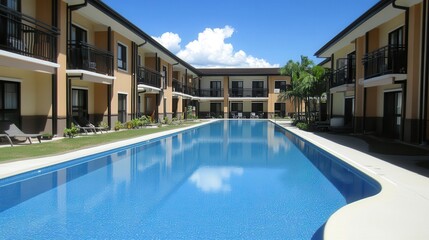 Fototapeta premium Tropical resort pool, apartments, sunny day