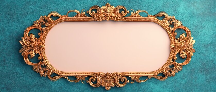 An ornate golden mirror frame with an empty central space, set against a vibrant turquoise background.