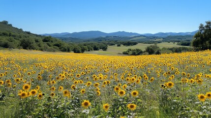 Fototapeta premium A scenic view of a sunflower field in full bloom under a clear blue sky 