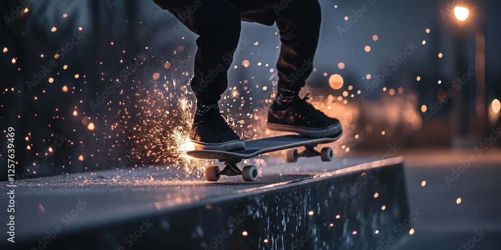 Poster captivating 4k capture of a skater performing a smith grind on a rail, with sparks subtly flying in 