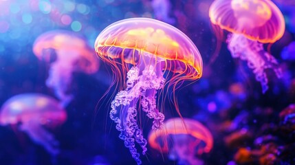 Fototapeta premium underwater world, with glowing jellyfish and colorful coral reefs, creating a peaceful and serene oceanic environment full of life and wonder.