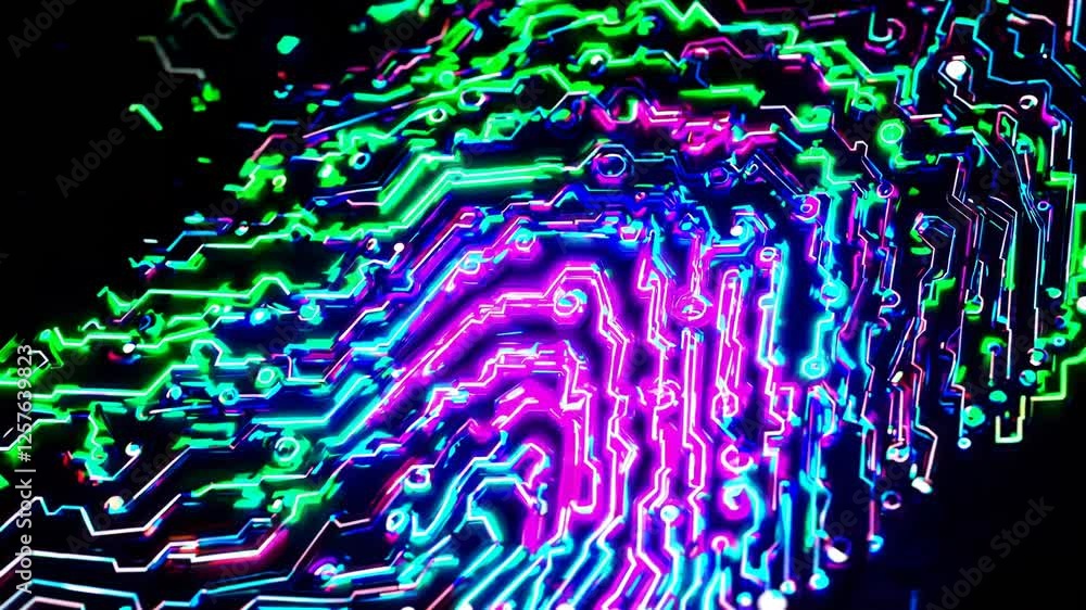 Aufkleber a digital fingerprint appearing on a dark matrix background, with glowing data lines flowing around it, creating a futuristic cybersecurity effect