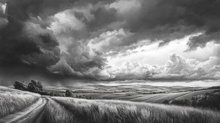 Dramatic Cloudy Sky Over Rolling Countryside Landscape