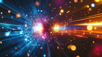 Obraz premium particles colliding, with colorful energy bursts and glowing fragments scattering outward