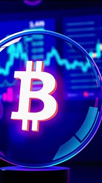 Colorful digital representation of Bitcoin symbol against a backdrop of cryptocurrency market data