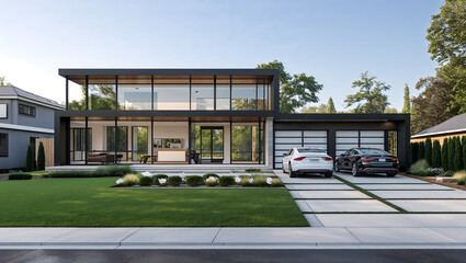 modern house with garden, Contemporary Suburban Home Featuring Clean Lines, Open-Concept Design, and a Spacious Front Yard with Lush Green Landscaping