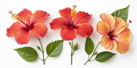 Vibrant red and orange hibiscus flowers arranged in a row with lush green leaves on a white background for floral decoration inspiration