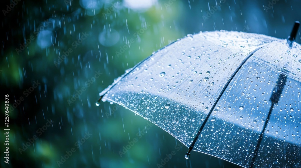 Poster soft droplets cascade from a transparent umbrella, creating a serene moment in a lush garden. the ge