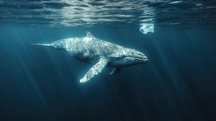 Fototapeta premium Solitary whale glides through clear waters with hidden dangers nearby