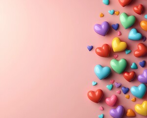Colorful hearts scattered on a soft pink background, creating a cheerful and romantic atmosphere.