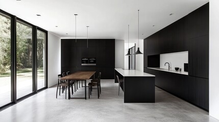 Fototapeta premium Modern kitchen design, dining area, garden view, minimalist style, home interior