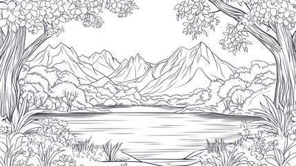 Serene lake, mountain view, lush forest, coloring page