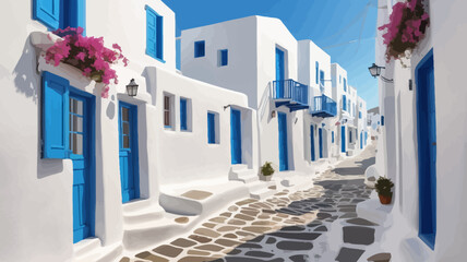 A charming Greek village street with white buildings, blue shutters, and cobblestone paths, offering a peaceful and sunny atmosphere perfect for a vacation.