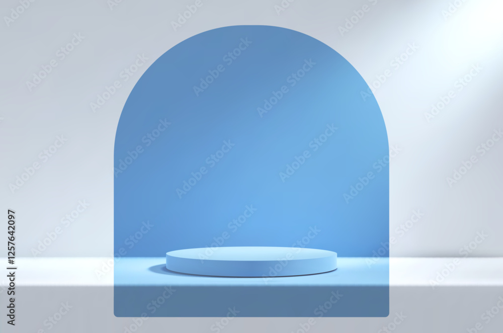 Poster 3d blue podium in white empty room with table. background studio scene with platform for product pre