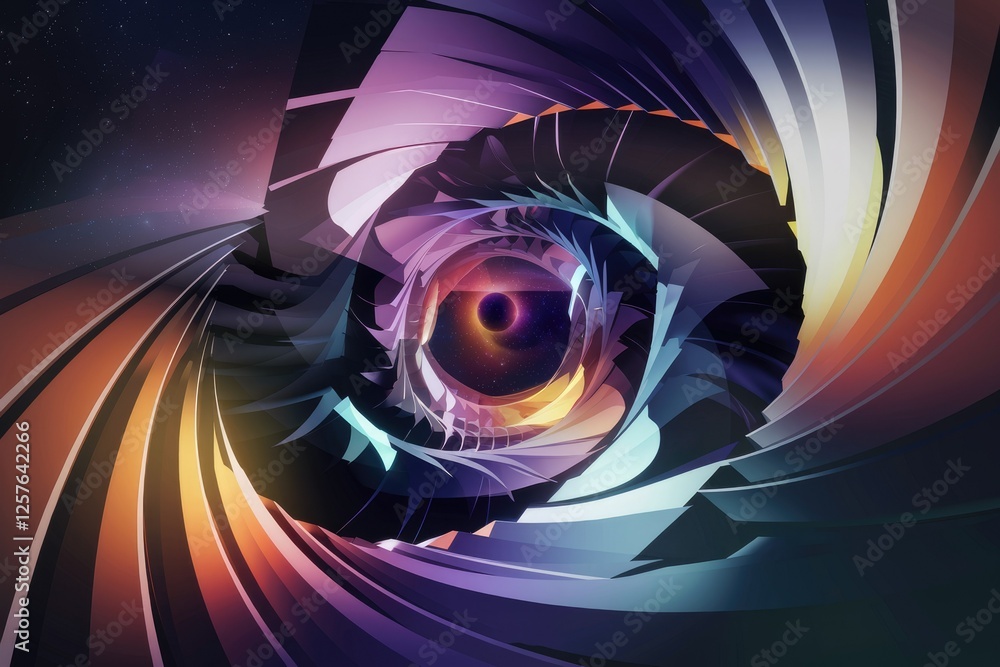 Poster abstract cosmic artwork depicting a swirling tunnel leading to a distant nebula and a planet.