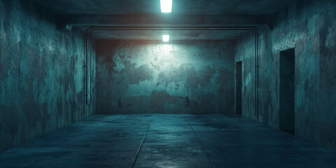 Mysterious abandoned room urban setting digital art gloomy environment wide angle view intriguing atmosphere for creative projects