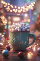 4K image of a hot cocoa mug overflowing with marshmallows, set against a festive backdrop of holiday ornaments and lights