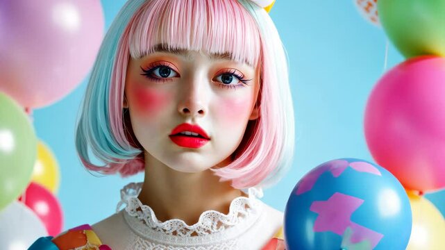 Cosplayer with colorful balloons posing for photos