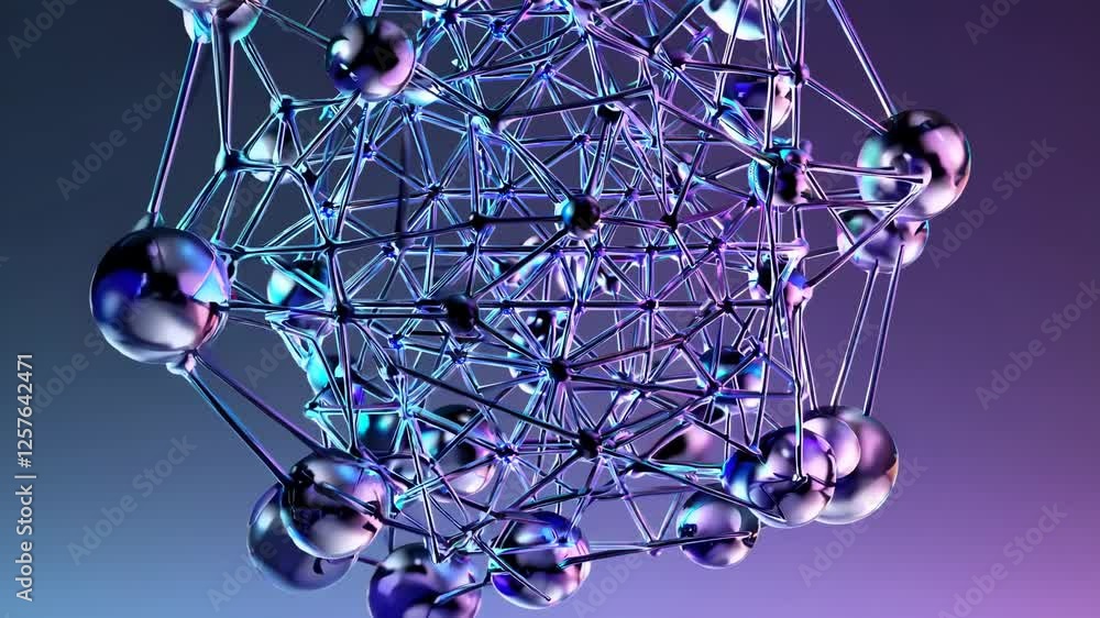 Aufkleber molecular structures forming and shifting, with transparent liquid-like connections and glowing part