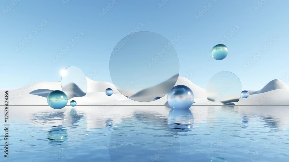 Poster 3d illustration of abstract minimal geometry background, geometric architectural with glass design and bubbles on water surface