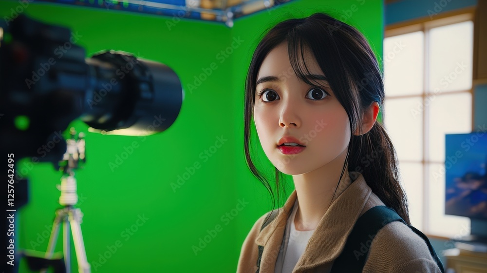 Poster a documentary filmmaker using a green screen to add visual context and backgrounds related to the su