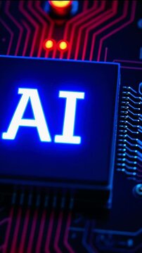 Close-up of a glowing AI circuit board showcasing advanced technology and intricate designs