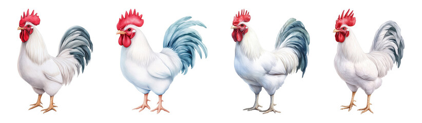 Fototapeta premium Four White Roosters with Red Combs and Blue Gray Tails Standing in a Row, Isolated on White Background Cutout