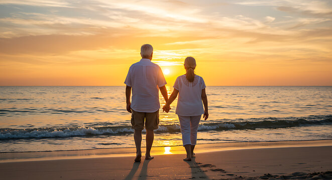 Parejas de mediana edad caminando por la playa