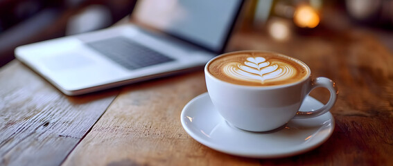 Freshly Brewed Latte Art with Laptop in Cozy Coffee Shop Setting