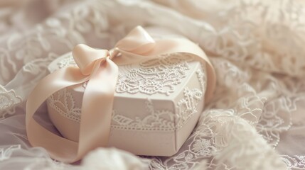 A heart-shaped gift box tied with a satin ribbon on a delicate lace background. The intricate details and elegant packaging enhance the luxurious feel of love.