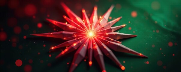 Fototapeta premium Geometric starburst, deep red and emerald green hues, festive background, texture, holiday
