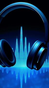Blue headphones against a vibrant soundwave backdrop, symbolizing audio technology and music enjoyment