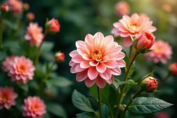 Fototapeta premium Delicate Peach Dahlias in a Lush Garden Setting, Bathed in Soft Sunlight, Exhibiting Vibrant Petals and Green Foliage