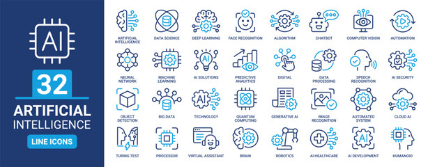 Artificial intelligence icon set. Containing AI, deep learning, robotics, machine learning, data Science, automation, big data and more. Line outline icons collection.