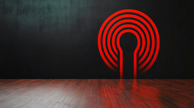 striking red circular pattern on dark wall, creating modern and artistic ambiance in spacious room with wooden flooring