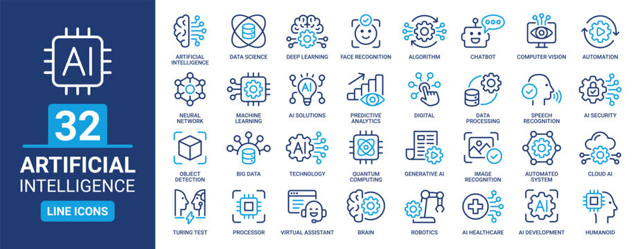 Artificial intelligence icon set. Containing AI, deep learning, robotics, machine learning, data Science, automation, big data and more. Line outline icons collection.