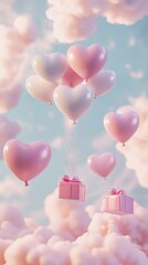 A Box flying on a parachute with pink cloud in valentine day,package flying down from sky and cloud with parachute, concept for delivery service,shopping online,air delivery service.