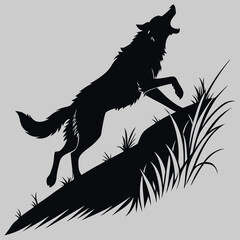 a wolf lunging forward mid-hunt silhouette vector design art and illustration