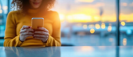 A stylish woman in a mustard sweater types on her smartphone at an airport lounge while the sun sets behind the large windows.