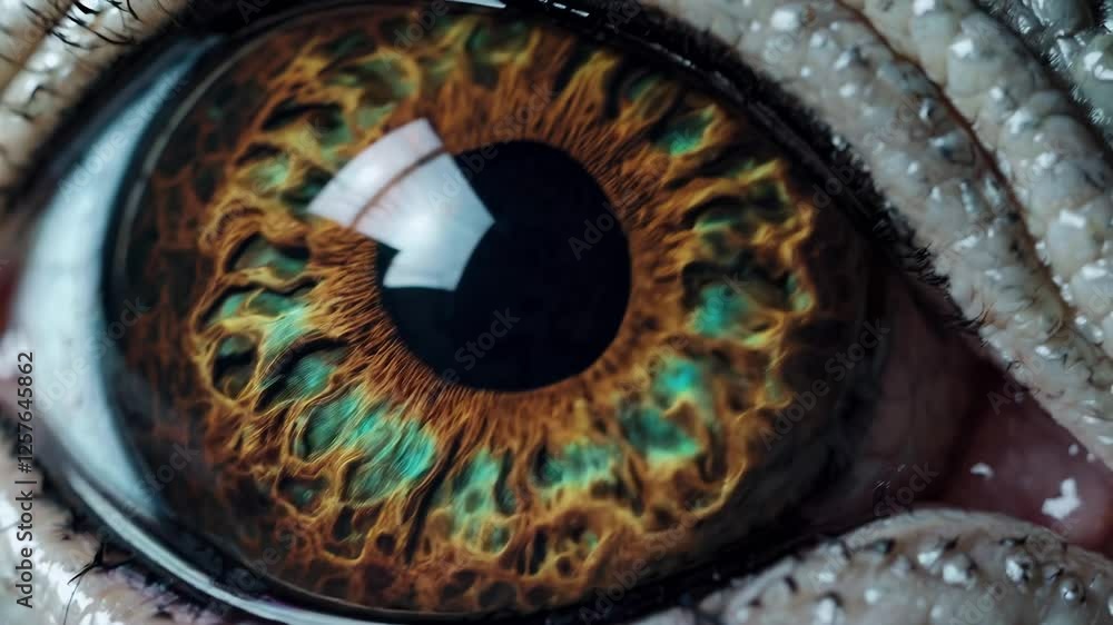 Poster a animal’s eye with intricate reflections and slight pupil dilation, creating an intense and mesmeri