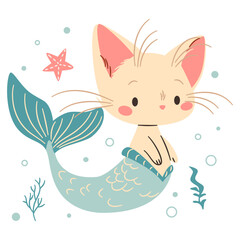 Cute mermaid kitten swimming in the sea. Flat vector illustration in a simple children's style. Vector illustration