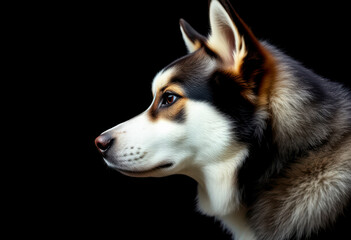 Obraz premium Siberian Husky displays an intense gaze in profile, highlighted by contrasting shadows on a black backdrop, emphasizing its striking features.