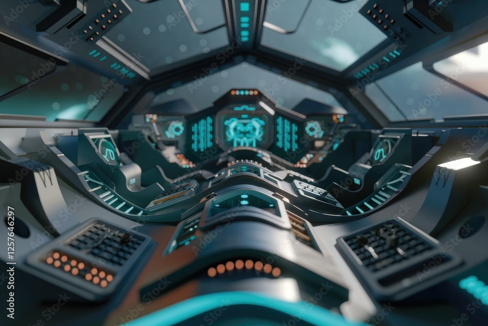 Poster futuristic spaceship cockpit interior with advanced technology and controls, offering a stunning vie