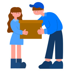 Happy woman receiving a delivery package from courier, flat vector illustration