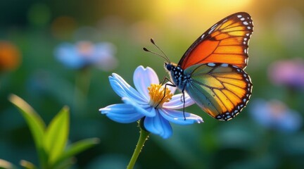 Fototapeta premium Golden Hour Butterfly on a Delicate Blue Flower in a Lush Meadow