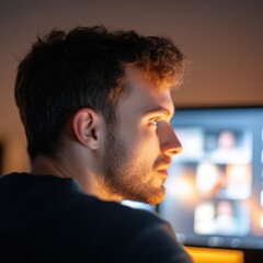 Naklejka premium man watching computer screen at night