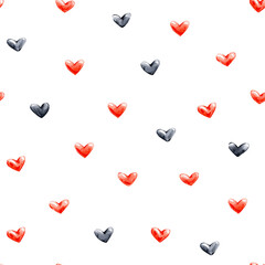 Red and black watercolor hearts seamless pattern. Isolated elements on white background. Cute romantic print for Valentine's Day. Handmade.