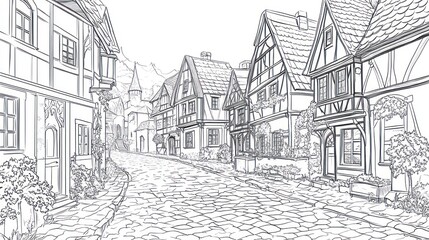 Fototapeta premium Medieval town street, cobblestone road, half-timbered houses, idyllic setting, coloring book