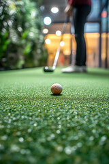 Professional Golfer Preparing to Putt on Indoor Green, Focus on Golf Ball