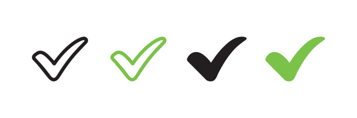 Check Mark Vector Set in Black and Green Outline and Solid Styles